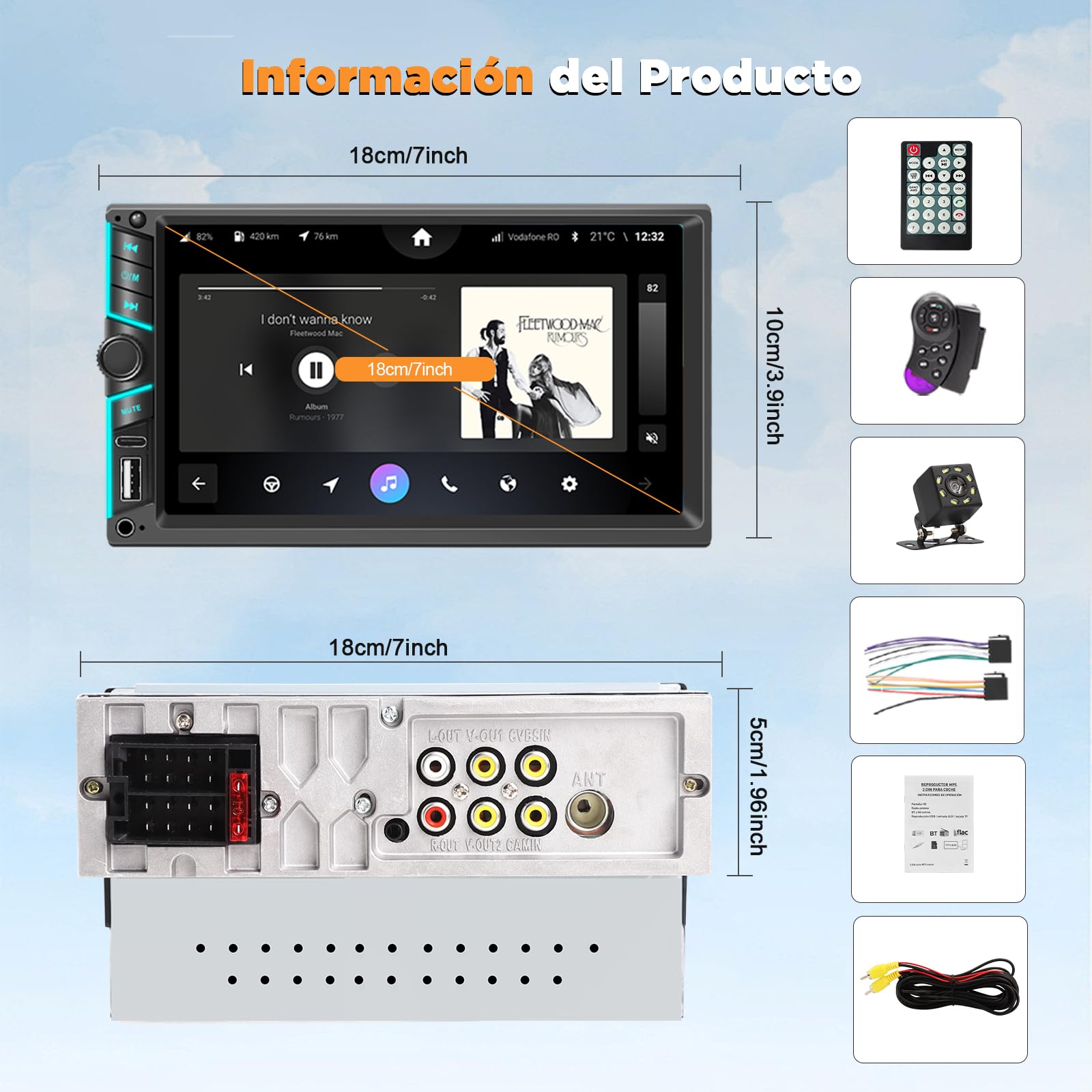 HIMICAR Autoestéreo para Carro de 7 Pulgadas con Pantalla Doble DIN, Solo DIN& Doble Design Estéreo Multifuncional para Automóvil, MP5, FM, AUX, TF, Cámara Trasera, GPS, Bluetooth