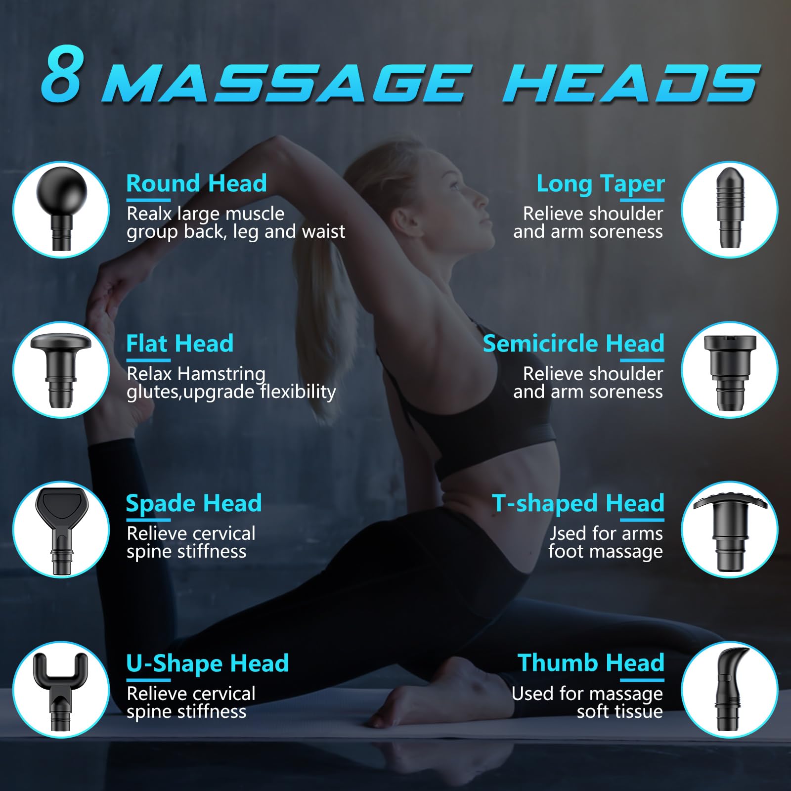 Pistola de Masaje Muscular, Masaje Eléctrico de Mano con 8 Cabezales y 30 Velocidades Ajustables, Masajeador Muscular de Tejido Profundo para Aliviar el Dolor, Dispositivo de Masaje Masajeadores Eléctricos Ideal para Músculos, Hombros, Cuello, Espalda, Pi