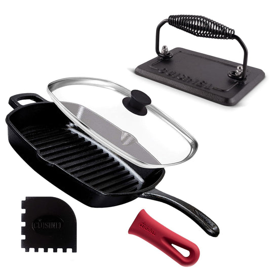 Cuisinel - Sartén para parrilla de hierro fundido + prensa rectangular de hierro fundido + tapa de vidrio templado + rascador de sartén, sartén acanalada presazonada, 10.5 pulgadas cuadrada Grillig