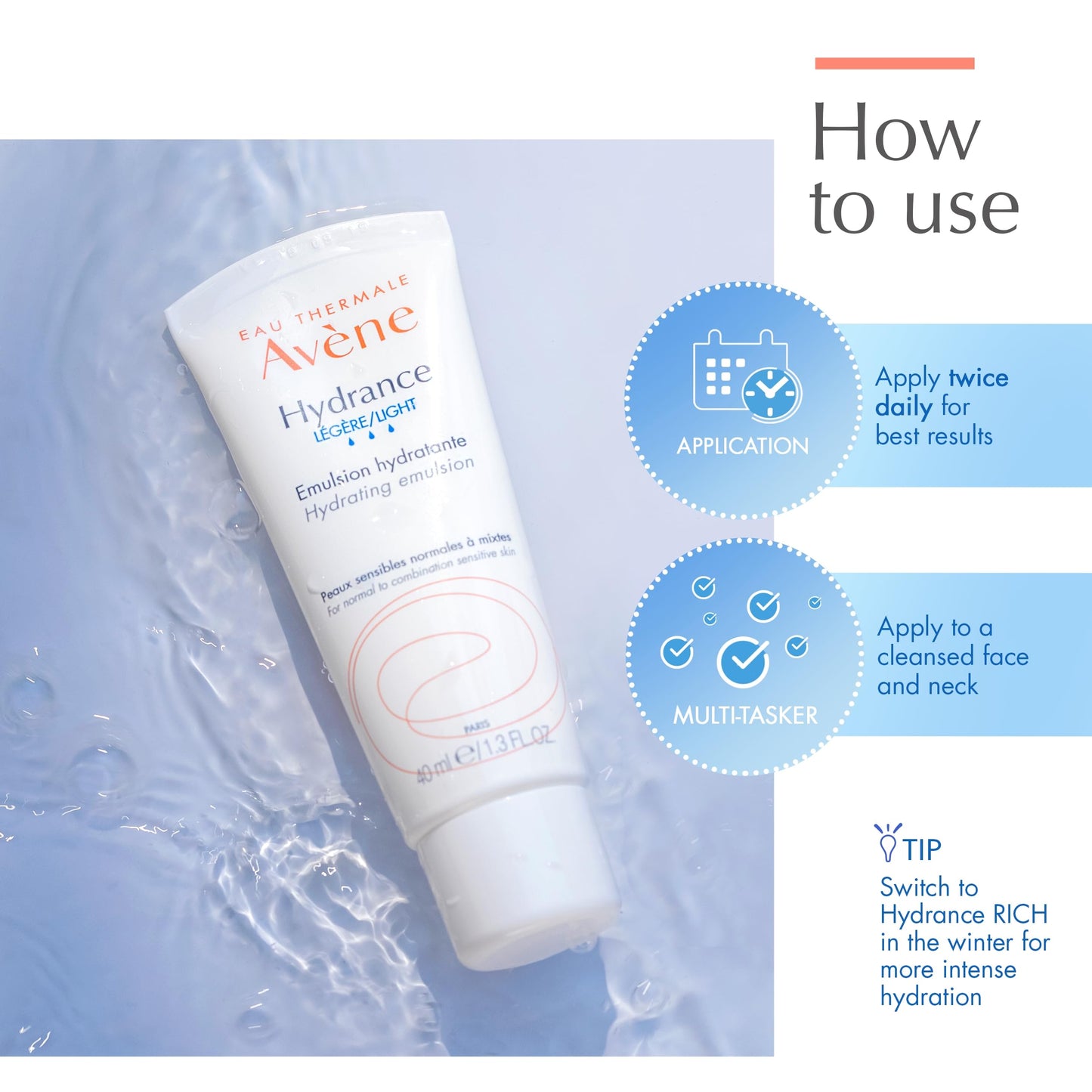 Eau Thermale Avene Hydrance LIGHT Hydrating Emulsion, Daily Face Moisturizer Cream, Non-Comedogenic, 1.3 oz.