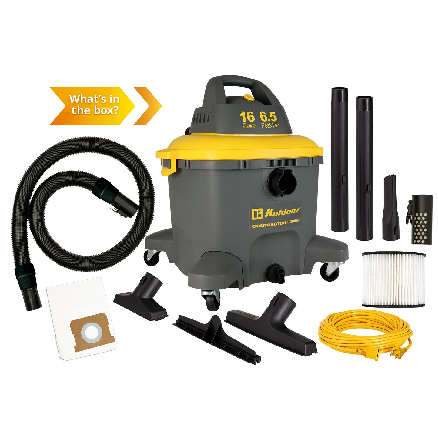 Aspiradora Húmeda y Seca Koblenz Gris Amarillo Serie 35 pies 6.5HP 16 galones