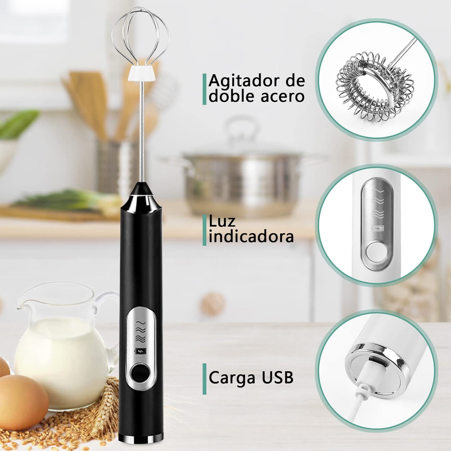 Espumador de Leche Eléctrico Recargable USB Negro con 3 Velocidades y 2 Batidores