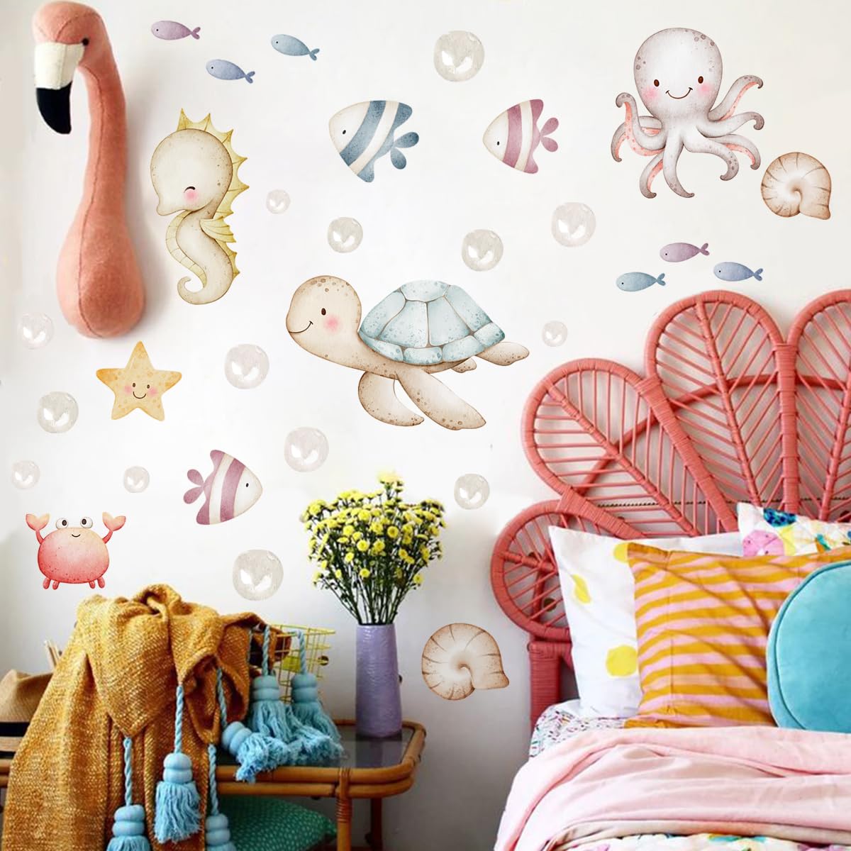 Calcomanías de pared de animales marinos, decoración de pared de criaturas del océano subacuático, decoración de pared extraíble de dibujos animados de peces de océano, decoración de pared de tortuga