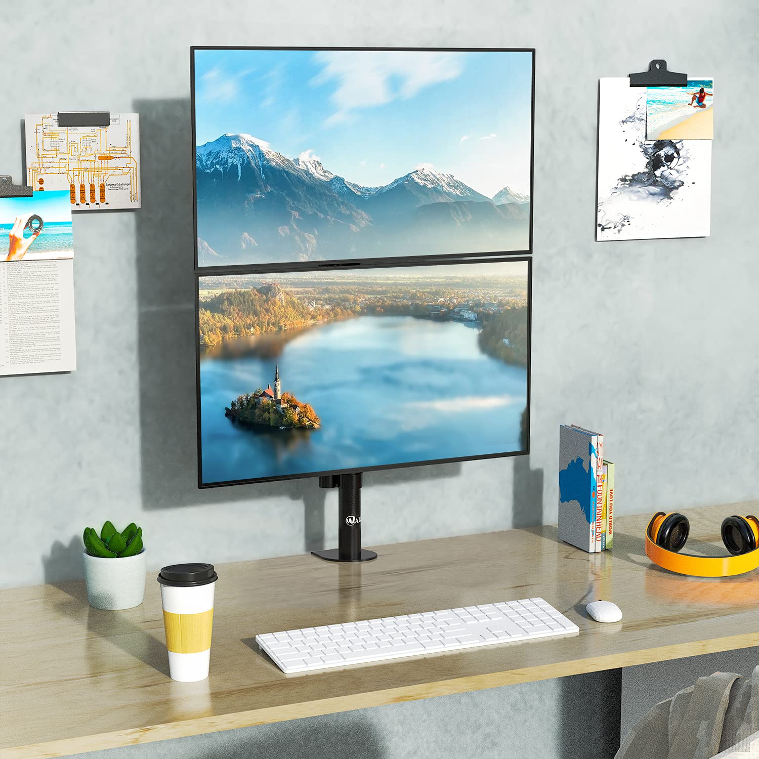 Soporte de Computadora WALI Negro de Monitor Dual para Pantallas de hasta 27 Pulgadas con Base de Ojal Opcional