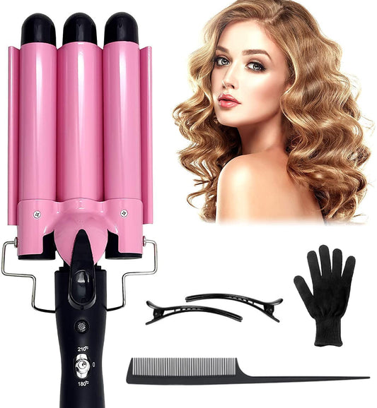 Rizador de Pelo, Ondas Cerámica con Temperatura Ajustable, Triple Tubo Rizador de Cabello de 25mm, Herramienta de Peinado Automático para Mujer Cabello Largo/Corto y Viajero Regalo (Rosado)