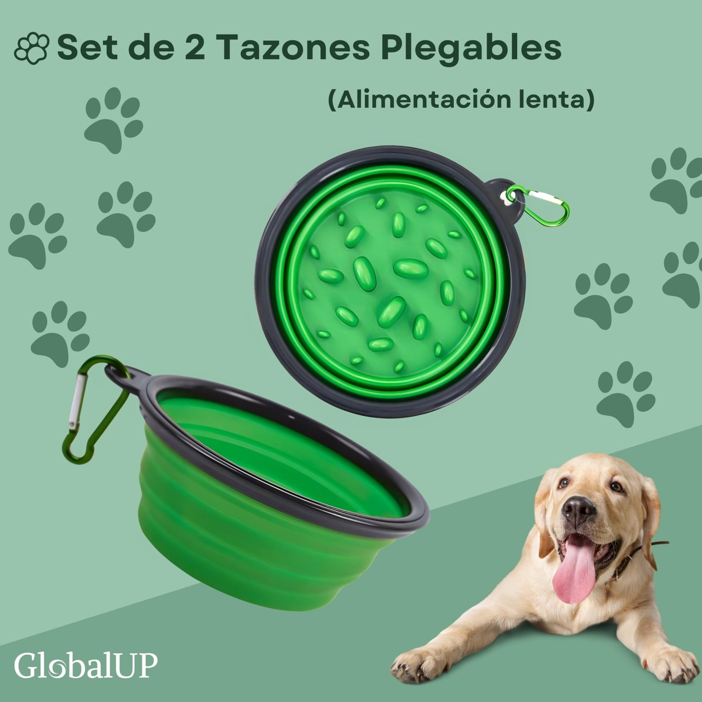 GlobalUP Plato para Perro, Bebedero para Perro. Contenedor para croquetas Plegable. Tazon para alimento y Agua para Mascotas retractil Gato y Perro, fácil de Limpiar. (Verde, L/XL)