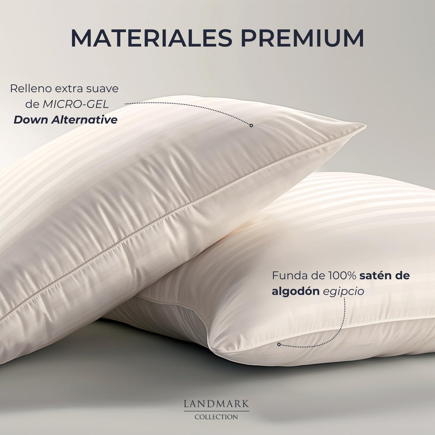 Landmark Collection Almohada Satén de Algodon Egipcio - Pack de 2 - Almohada Tamaño Estandar/Matrimonial - Almohadas Hoteleras Relleno Micro Gel | Sensacion Suave | Cama: Individual, Queen o King