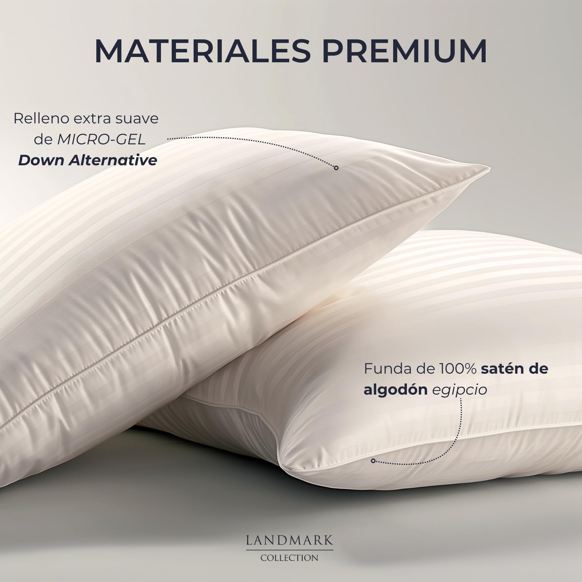 Landmark Collection Almohada Satén de Algodon Egipcio - Pack de 2 - Almohada Tamaño Estandar/Matrimonial - Almohadas Hoteleras Relleno Micro Gel | Sensacion Suave | Cama: Individual, Queen o King
