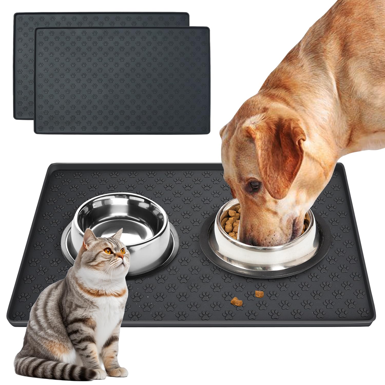 JEMUON Tapete de Silicona para Alimentación de Mascotas, 2 Piezas Tapete para Perro y Gatos Comida Plegable, Tapete para Comida de Perro, Tapete Perro para Evitar Derrames de Comida y Agua (Negro)