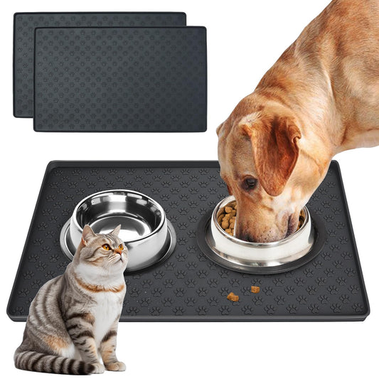 JEMUON Tapete de Silicona para Alimentación de Mascotas, 2 Piezas Tapete para Perro y Gatos Comida Plegable, Tapete para Comida de Perro, Tapete Perro para Evitar Derrames de Comida y Agua (Negro)