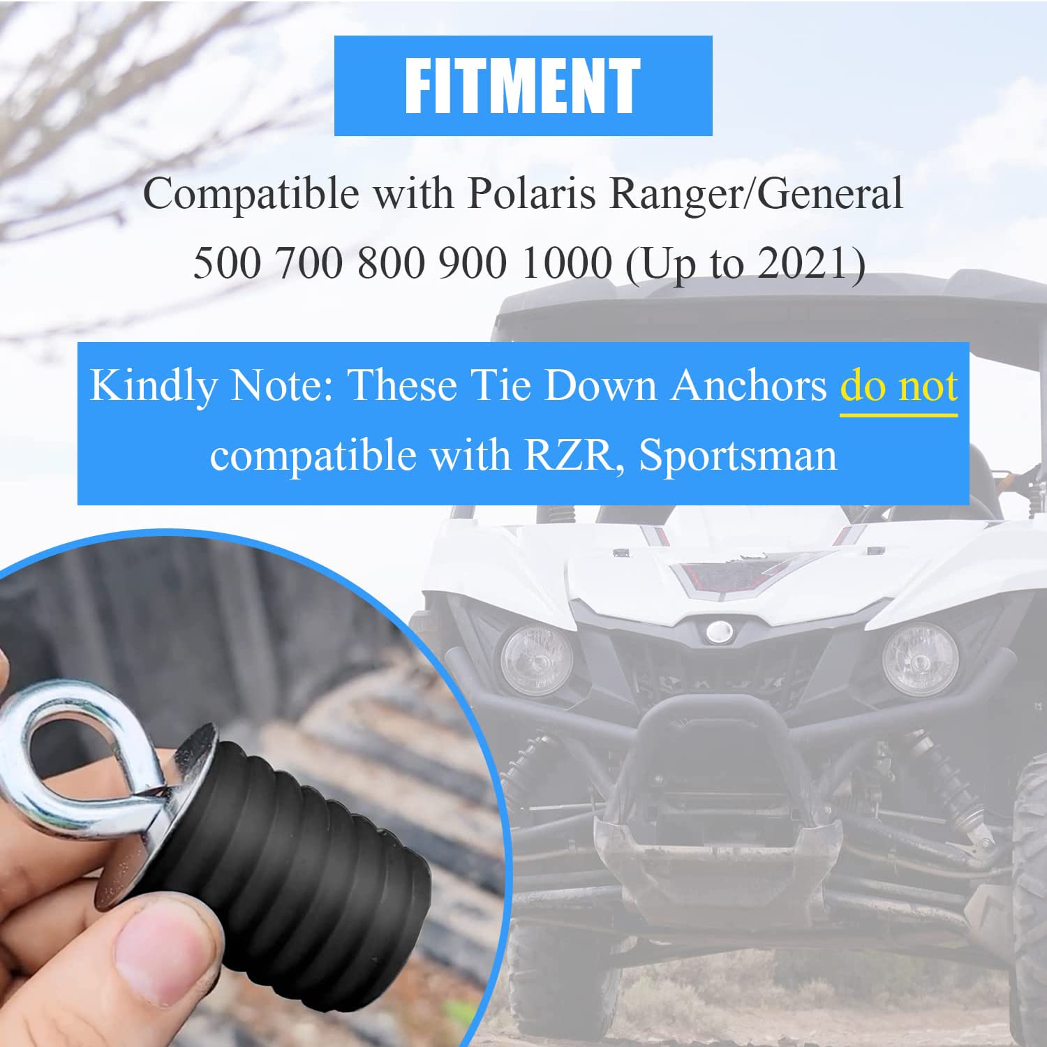 UTV - Anclajes de amarre para cama, color negro, compatibles con Polaris Ranger/General 500 700 800 900 1000 (hasta 2021), 5 cm de largo, juego de 6 anclajes