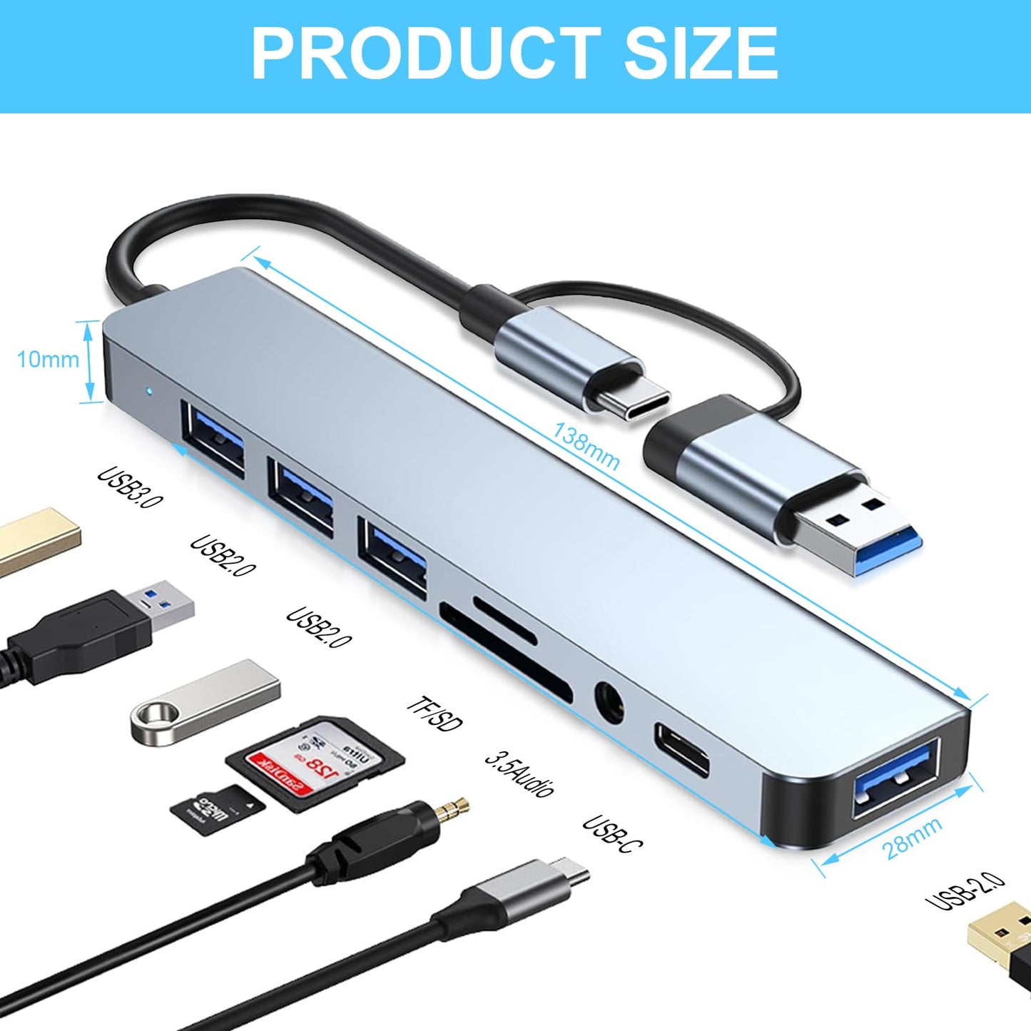 Glowlin HUB USB C, 8 and 1 Multi-Function Adapter to 1 USB3.0, 3 USB2.0, 3.5mm Jack, USB C Port Data, SD/TF Card Reader, Docking Station for MacBook Air/Pro iPad Surface Chromebook