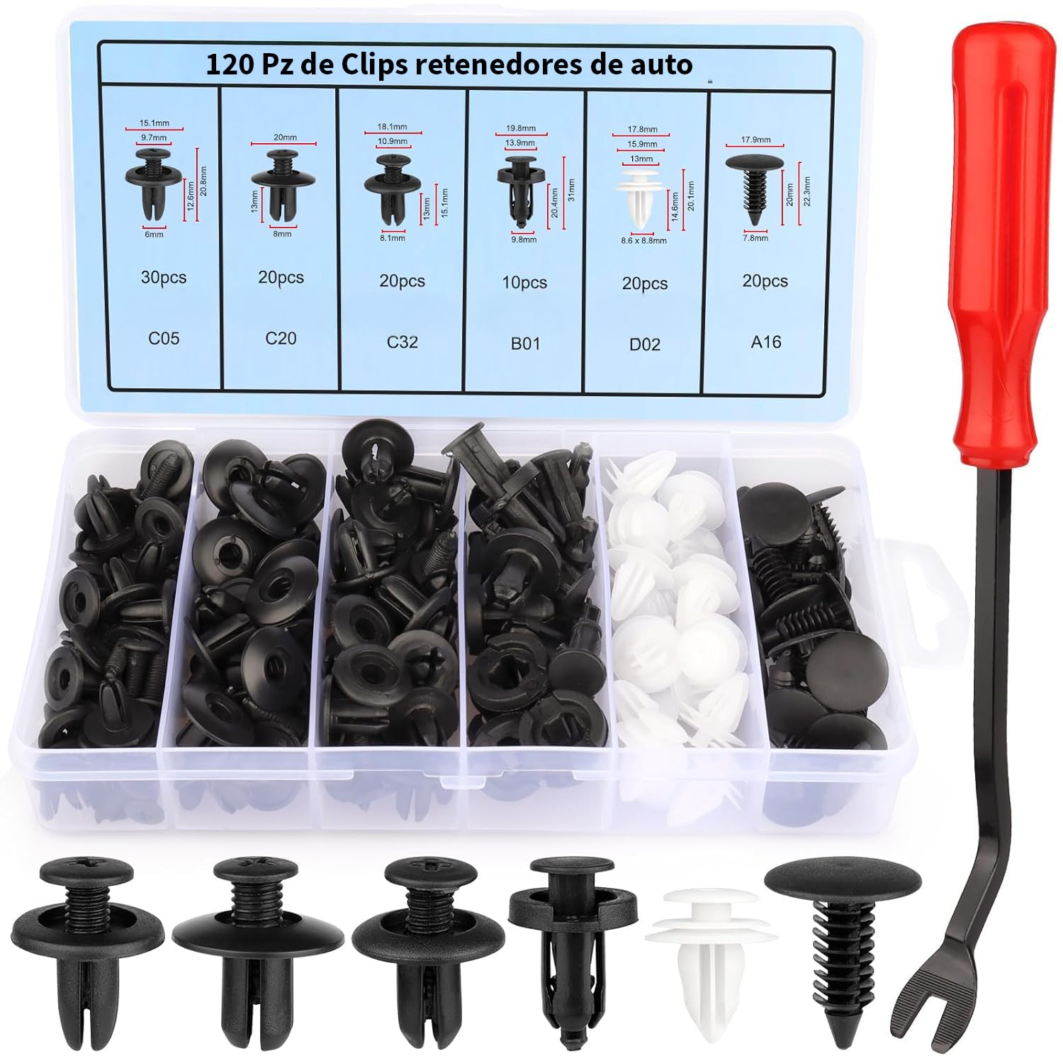 Grapas Automotrices Timotech Negras 120 Piezas con Clips Universales para Coche