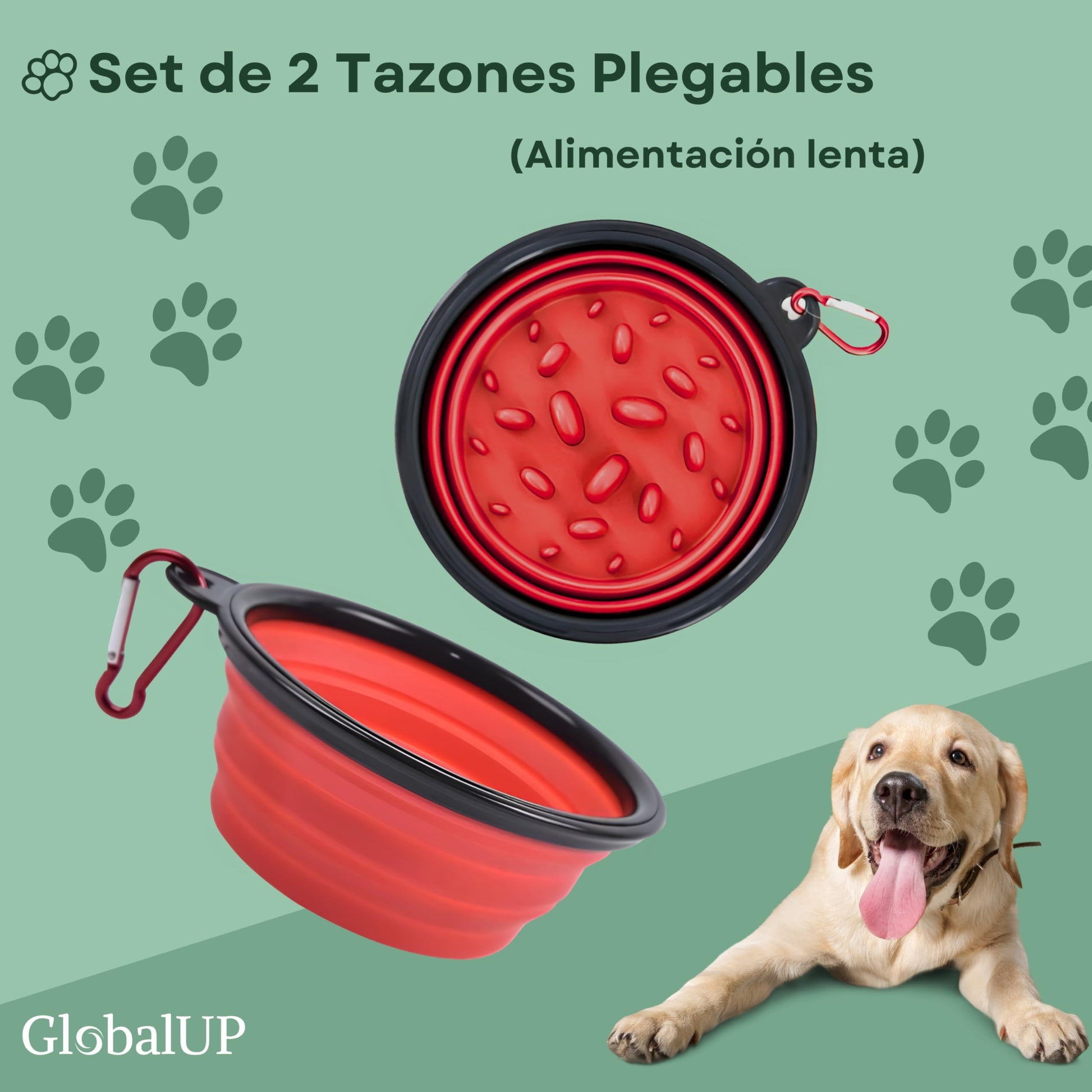 GlobalUP Plato para Perro, Bebedero para Perro. Contenedor para croquetas Plegable. Tazon para alimento y Agua para Mascotas retractil Gato y Perro, fácil de Limpiar. (Rojo, L/XL)