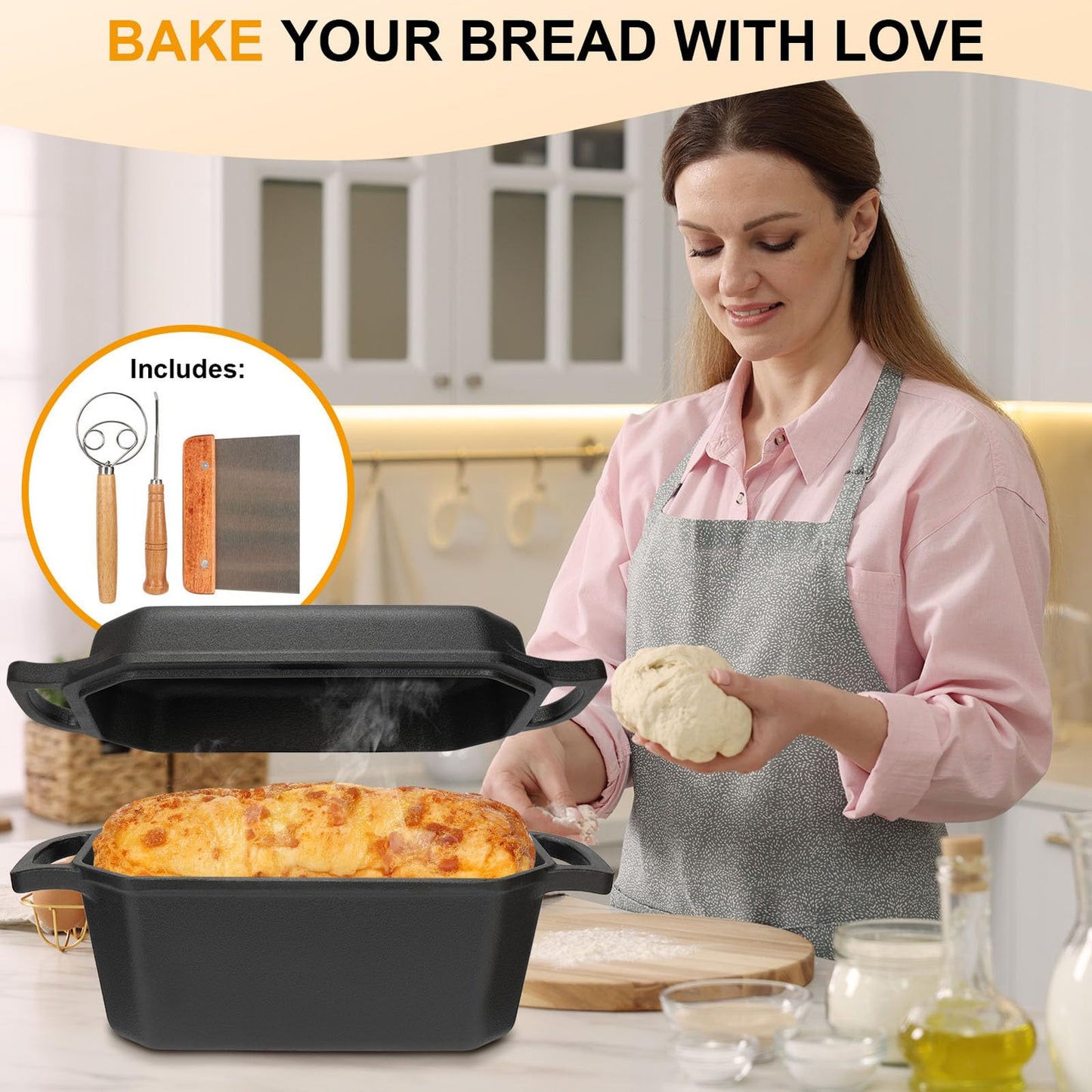 Horno holandés de hierro fundido presazonado para hornear pan con tapa de sartén, horno holandés ovalado de 3,6 cuartos de galón, sartén para horno de pan | Suministros para hornear pan de masa