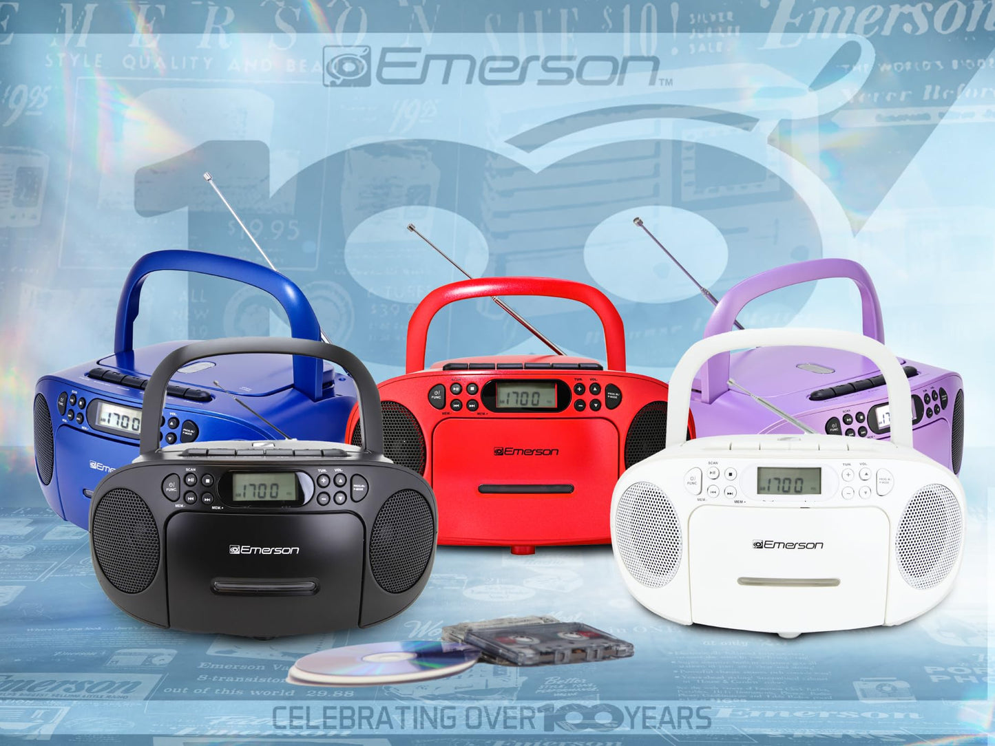 Reproductor de CD Portátil Emerson Negro con Cassette, Grabadora de Cinta, Radio AM/FM y Altavoces Duales