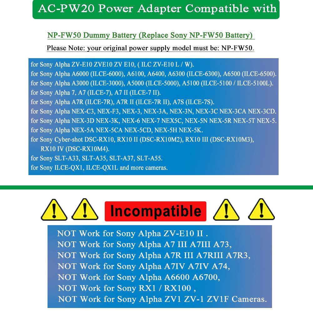 Gonine AC-PW20 esteacoplador DC para más AC/DC adaptador para SONY A35, A37, A5000, A5100, A6000, A7R, A7A33, A55, NEX-C3, NEX-F3, NEX-3N, NEX-5C, NEX-5N, NEX-5R, NEX-5T, NEX-6, NEX-7, DSC - RX1, DSC - RX100 SLR cámaras