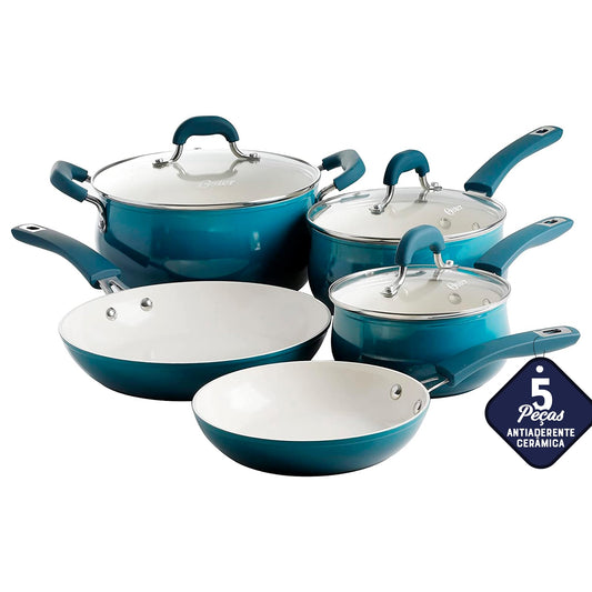 Oster Corbett - Juego de 8 piezas de utensilios de cocina de aluminio forjado degradado verde azulado con cerámica antiadherente, base de inducción, mango de baquelita suave al tacto y tapas de vidrio