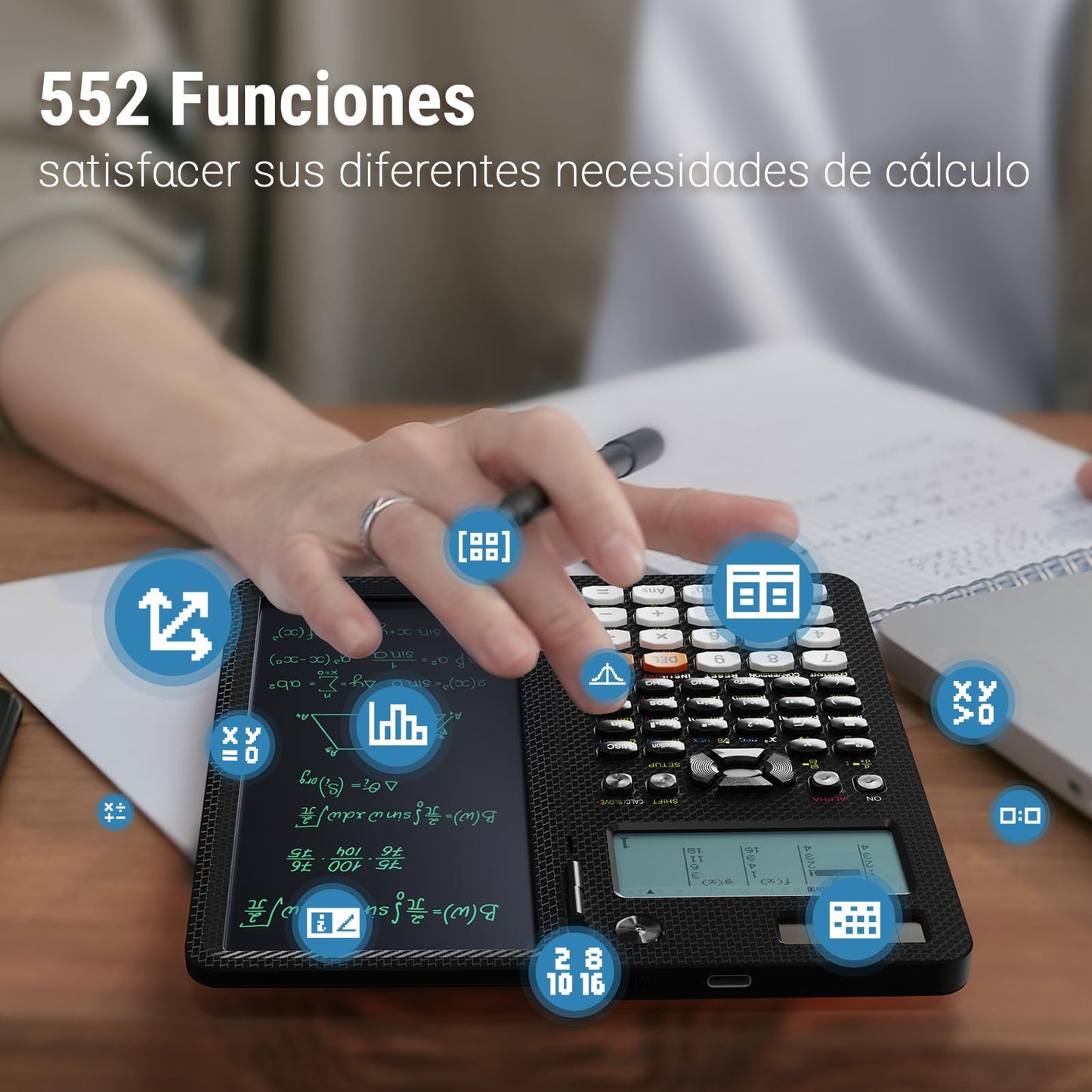 Calculadora Científica Recargable ROATEE 991EX Blanca con Vista Múltiple y Tableta de Escritura LCD para Estudiantes