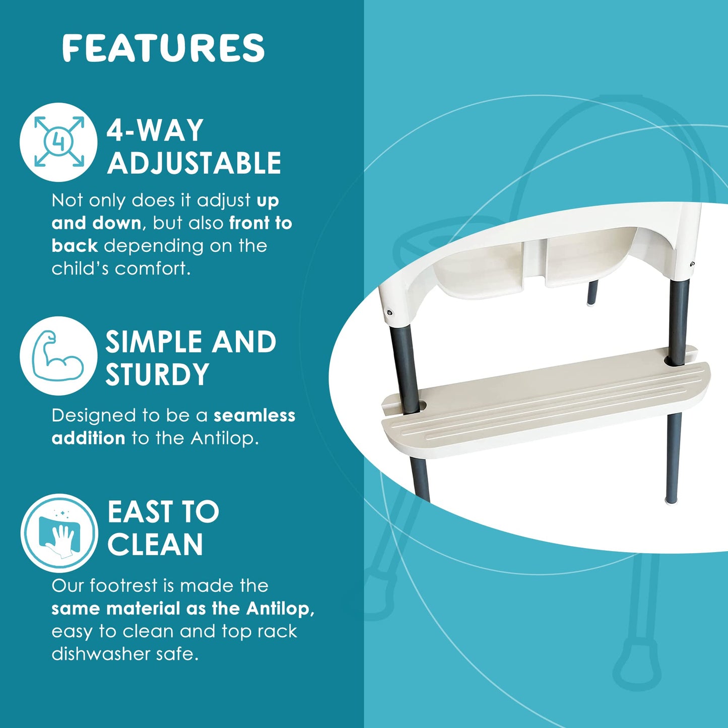 Reposapiés blanco IKEA para silla alta, compatible con sillas antilop | Reposapiés ajustable, reversible y antideslizante para silla IKEA – Fabricado con polipropileno duradero – (19.7 x 4.7 x 1 pulgadas)