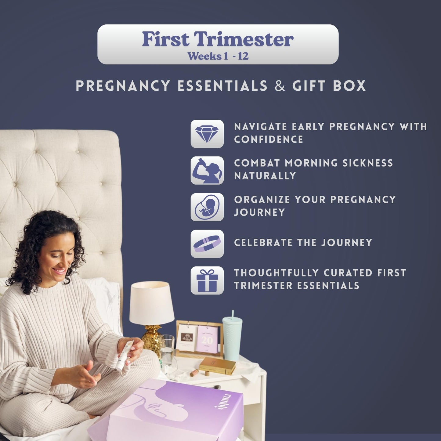 Rumbly 1. Trimestre Essentials Box para mujeres embarazadas – Regalo para mujeres embarazadas – Paquete de cuidado con artículos esenciales para nuevas madres y imprescindibles para el embarazo