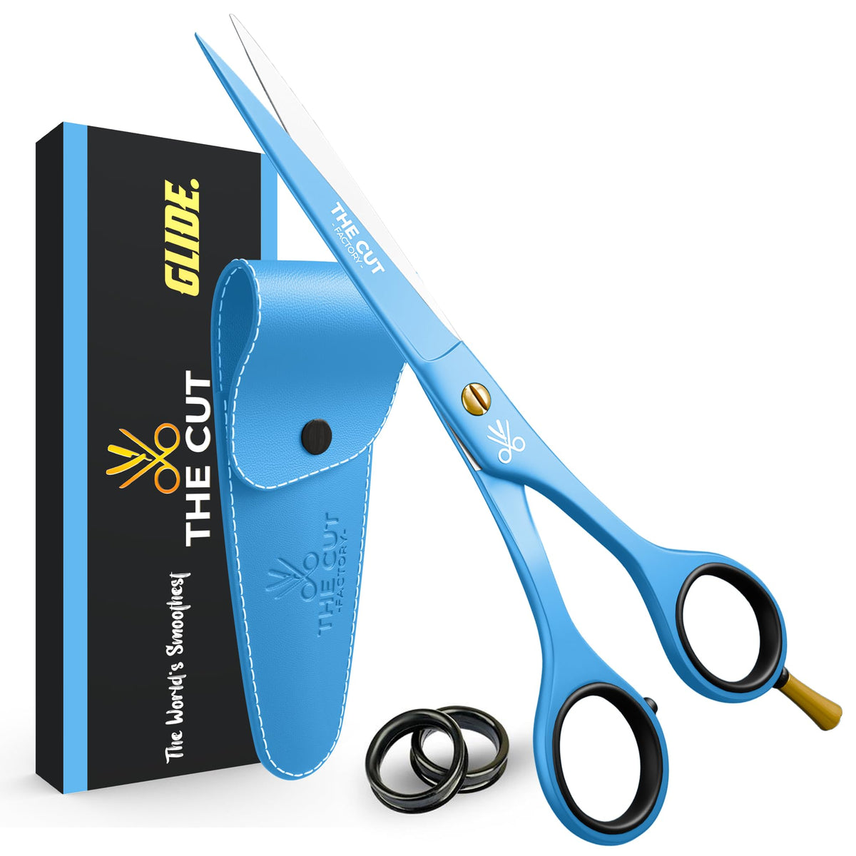 The Cut Factory- Hair Scissors and Barber Scissors Professional- 6 mejores tijeras de corte de pelo de acero inoxidable con cuchillas de borde de afeitar lisas, uso para salón y uso personal (azul)