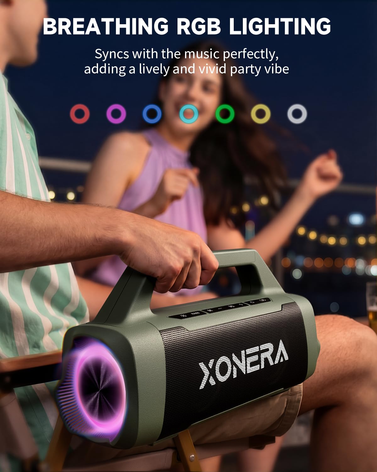 Xonera - Altavoces Bluetooth inalámbricos, altavoz de 80 W pico alto para exteriores con graves, tiempo de reproducción de 20 horas, IPX6 impermeable, TWS, BT5.3, portátil para camping, senderismo