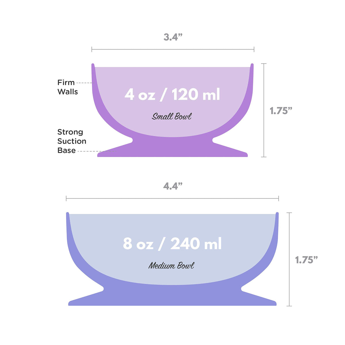 ChooMee - Cuencos de succión para bebé, potente agarre de succión con cuenco firme, silicona platino, mediano + pequeño, 2 unidades, morado + ciruela