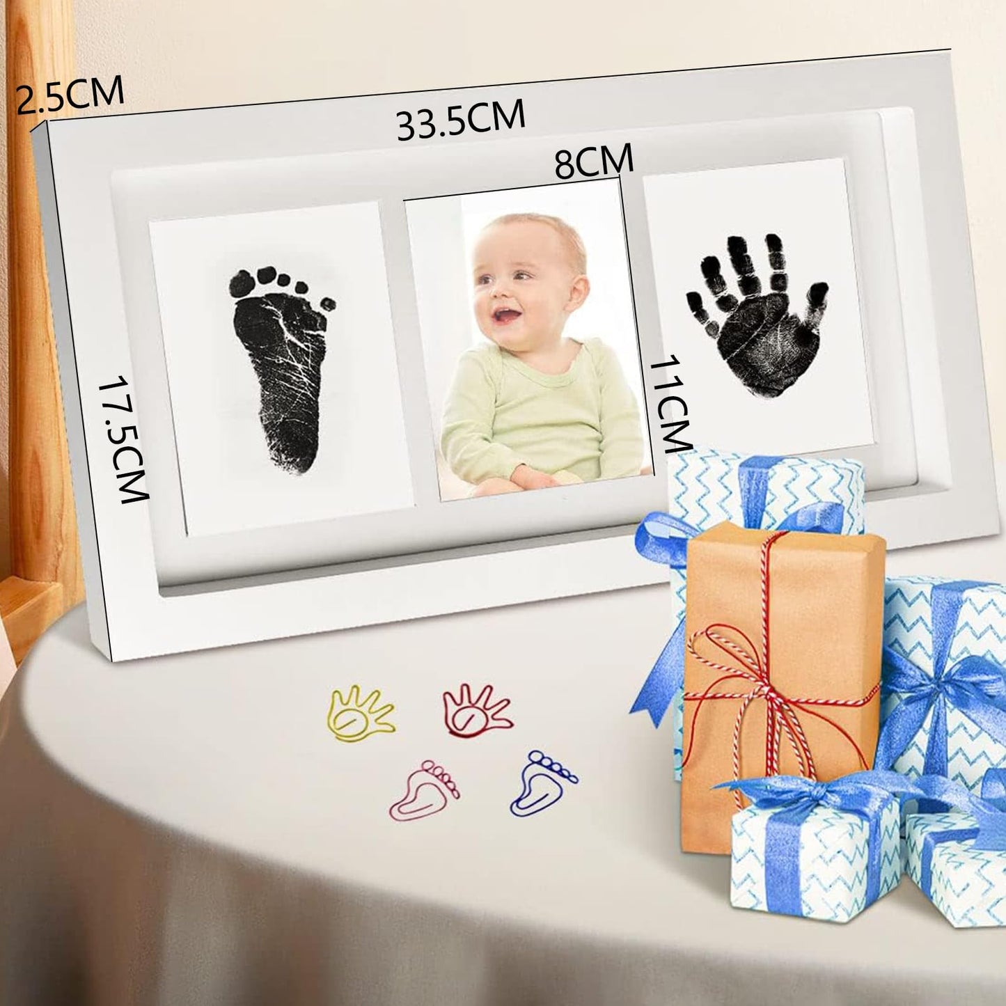 Marco foto y huellas recuerdo de bebe, Kit de mano y huella de bebé con kit de mano y huella sin tinta*1, Tres hojas de papel blanco, Cinta adhesiva de doble cara*1, Regalos de baby shower para mamá