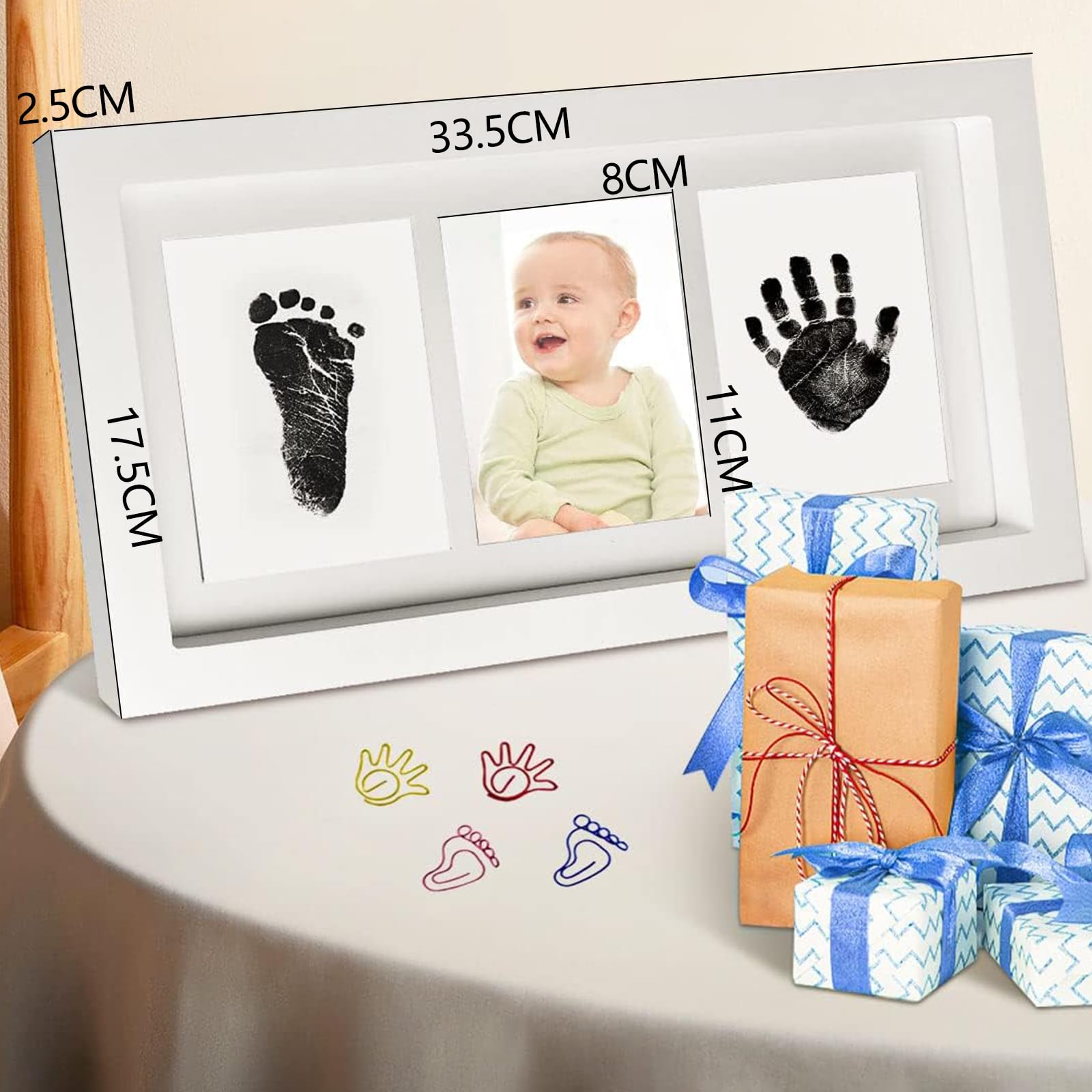 Marco foto y huellas recuerdo de bebe, Kit de mano y huella de bebé con kit de mano y huella sin tinta*1, Tres hojas de papel blanco, Cinta adhesiva de doble cara*1, Regalos de baby shower para mamá