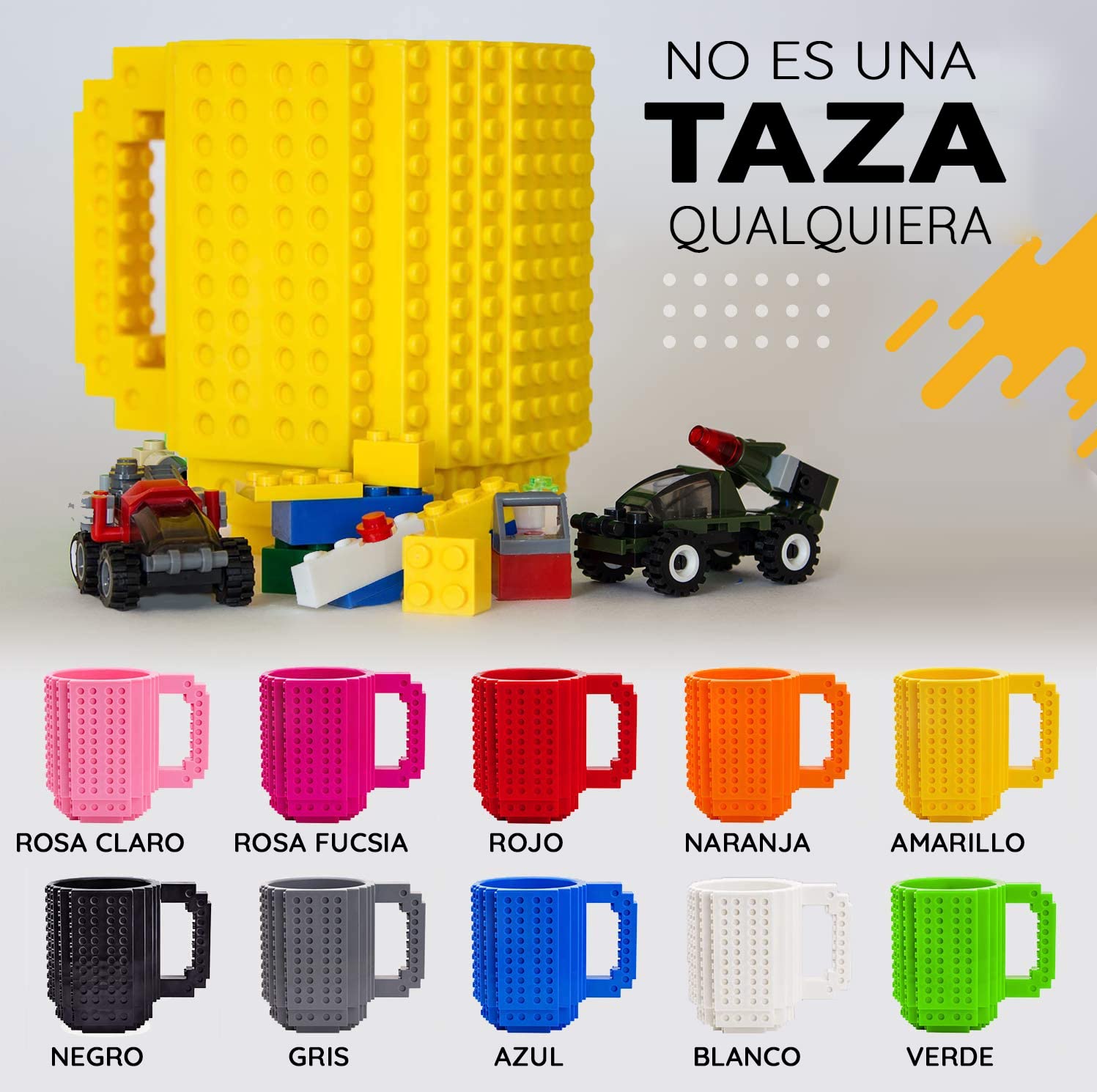 John & John Taza armable de diseño Divertido para Ladrillos, Incluye un muñeco y 2 Sets de Bloques de construcción para Jugar (10 Colores) - Amarillo