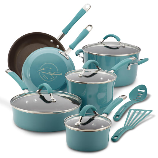 Batería de Cocina Rachael Ray Azul Aqua Porcelana Dura Antiadhesiva 12 Piezas