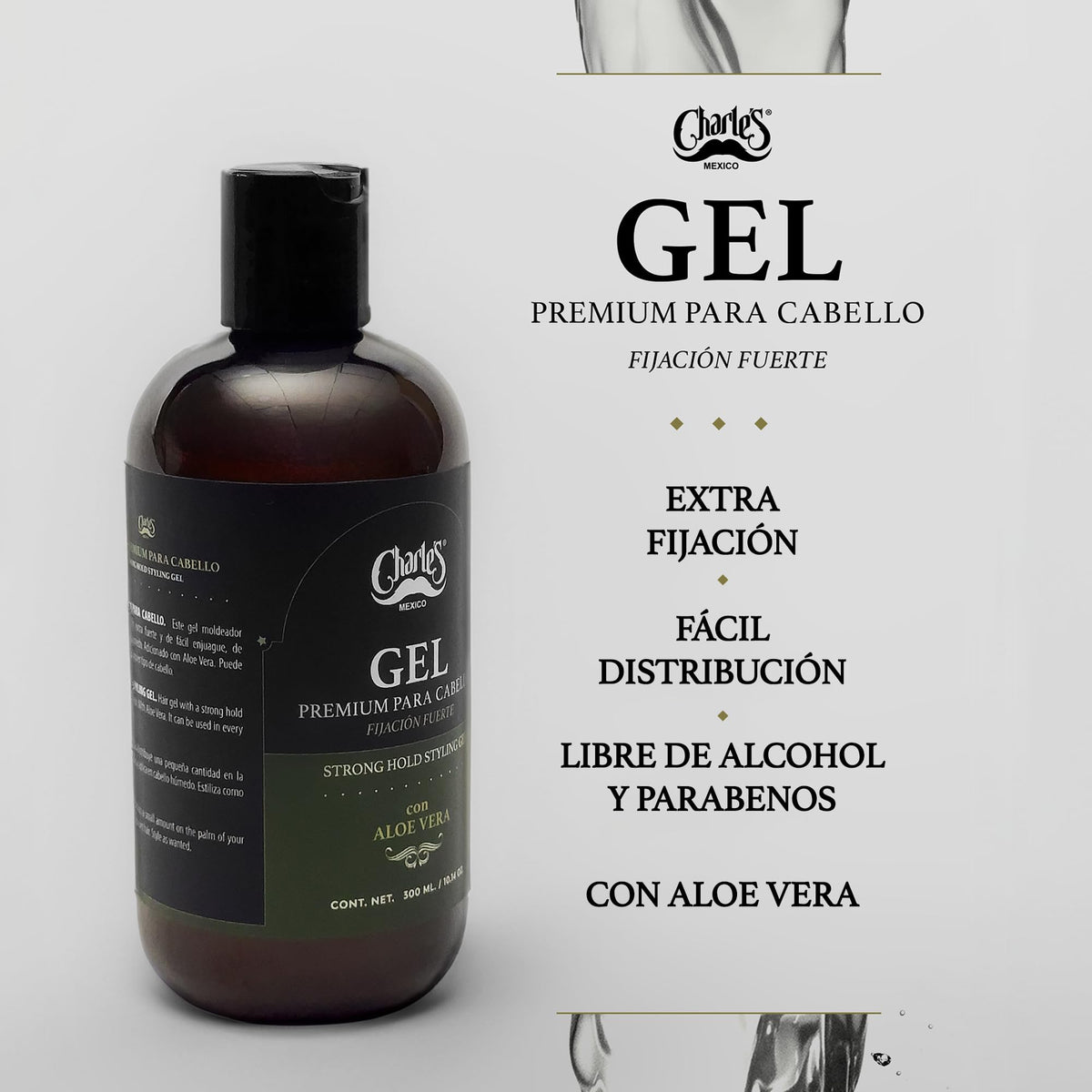 Charle’s – Gel Para Cabello Premium 300mL – Fijación Fuerte – Con Aloe Vera – Sin alcohol - No deja residuos – Acabado natural – Fácil distribución.