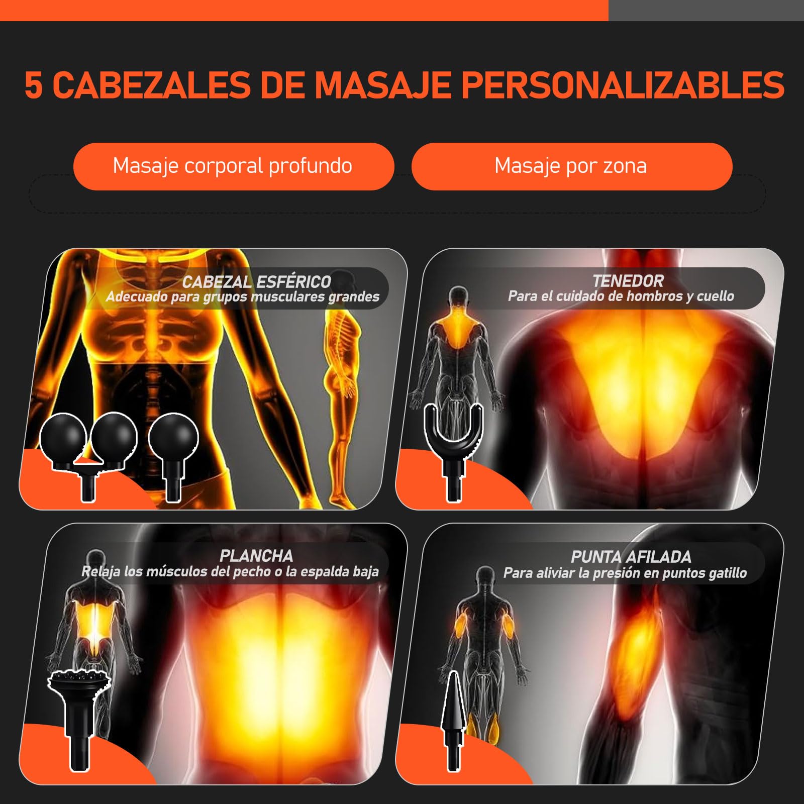 UIORHBQ Pistola de Masaje con Mango Extensión, Massage Gun de Espalda de Doble Bola para Aliviar el Dolor de Tejido Profundo, 5 Cabezales de Masaje y 12 Niveles de Velocidad,para Espalda Cuello Hombro