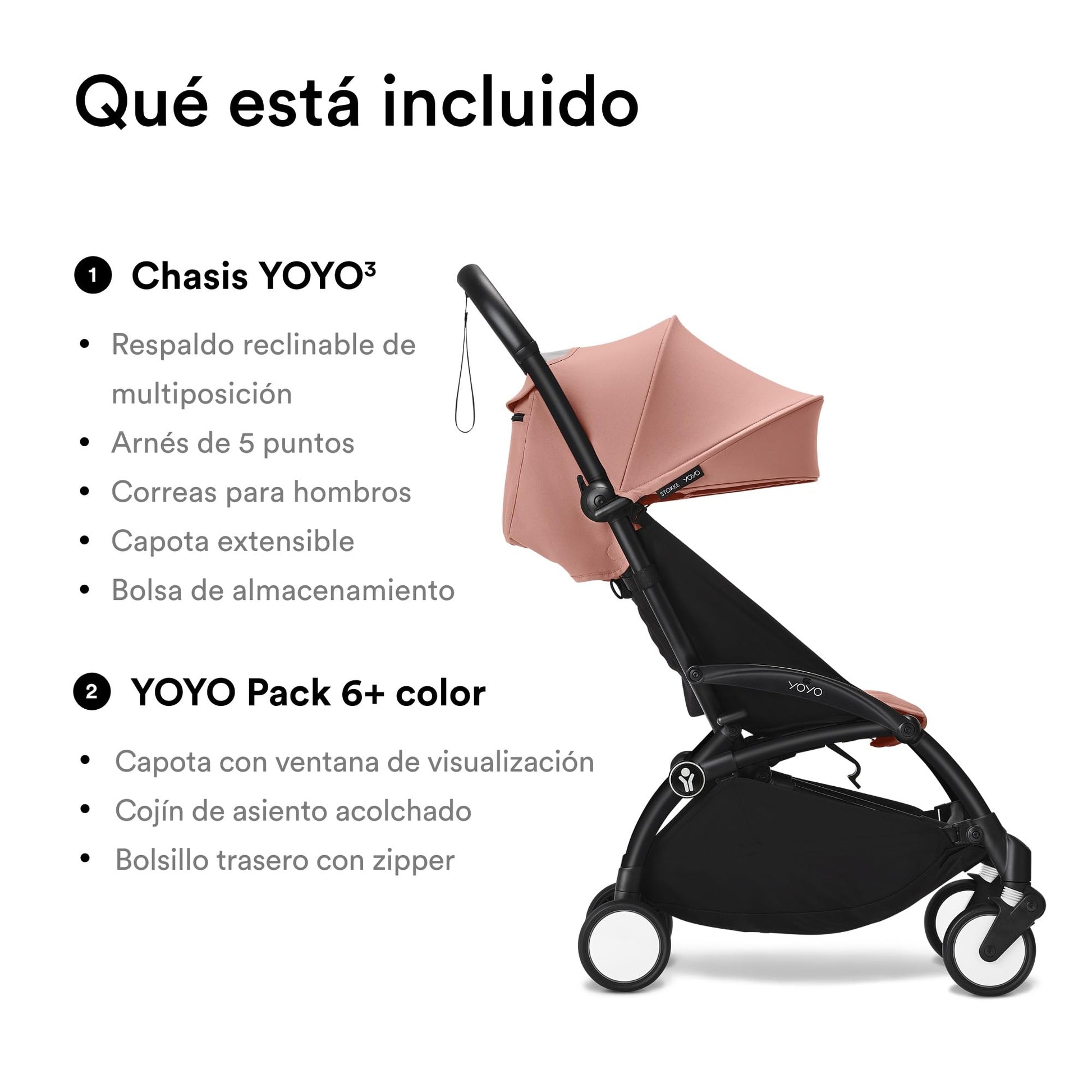 Carriola Stokke YOYO3 a partir de 6 meses - Incluye chasis negro/cojín de asiento Ginger + dosel - Se pliega y despliega en un instante - Ligera y compacta - Compatible con equipaje de mano