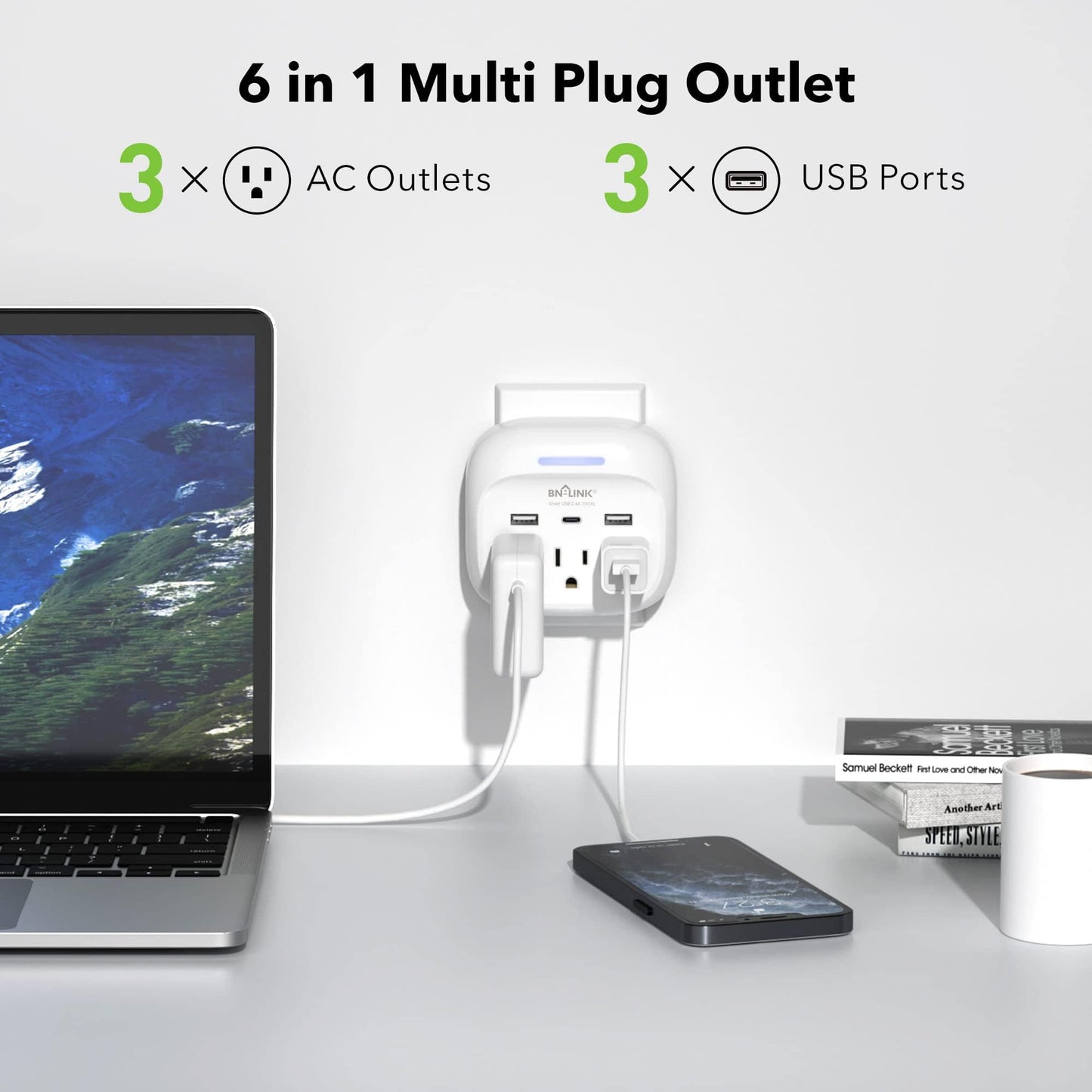 BN-LINK - Extensor de enchufe múltiple con USB, salida protectora de sobretensiones con 3 divisores de salida de CA y 3 puertos USB (1 USB C), toma de pared múltiple para recámara, escuela, viajes