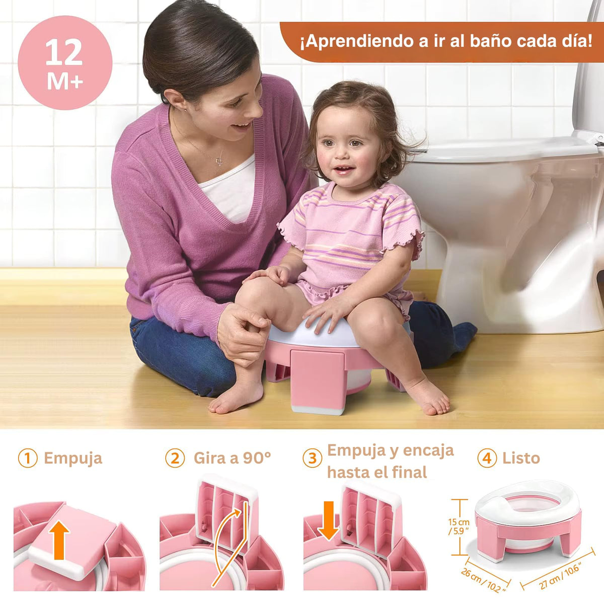 Baño Entrenador Niño 2 en 1 (Bacinica Portátil y Asiento de Inodoro). Para Potty Training. Plegable, Fácil y Seguro, Ideal para Casa, Viajes, Camping. Incluye: Maletita, 5 Rollos de Bolsas (Rosa)