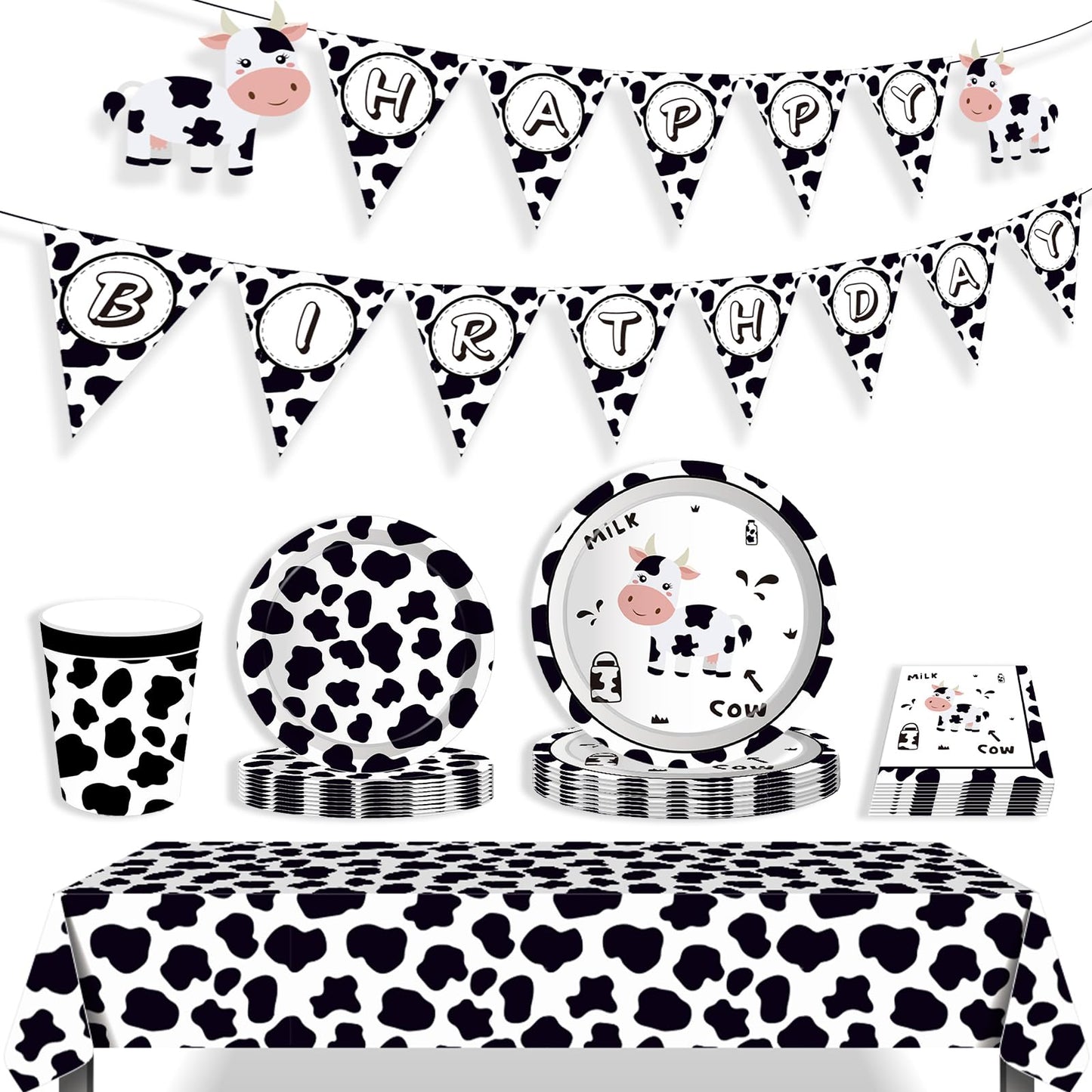 Decoraciones de fiesta de feliz cumpleaños de vaca, suministros de fiesta con estampado de vaca para niños, incluye platos, servilletas de papel, mantel, juego de fiesta temática de animales para