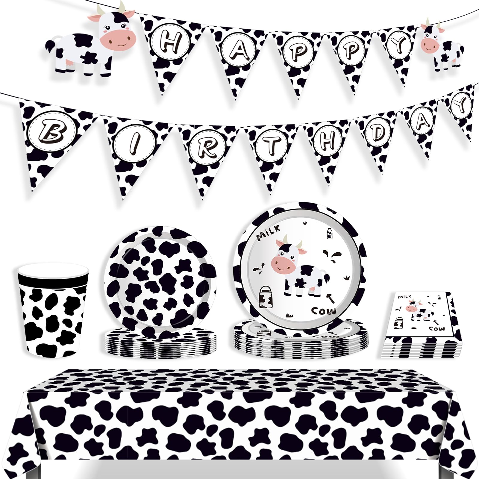 Decoraciones de fiesta de feliz cumpleaños de vaca, suministros de fiesta con estampado de vaca para niños, incluye platos, servilletas de papel, mantel, juego de fiesta temática de animales para