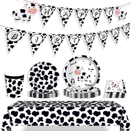 Decoraciones de fiesta de feliz cumpleaños de vaca, suministros de fiesta con estampado de vaca para niños, incluye platos, servilletas de papel, mantel, juego de fiesta temática de animales para