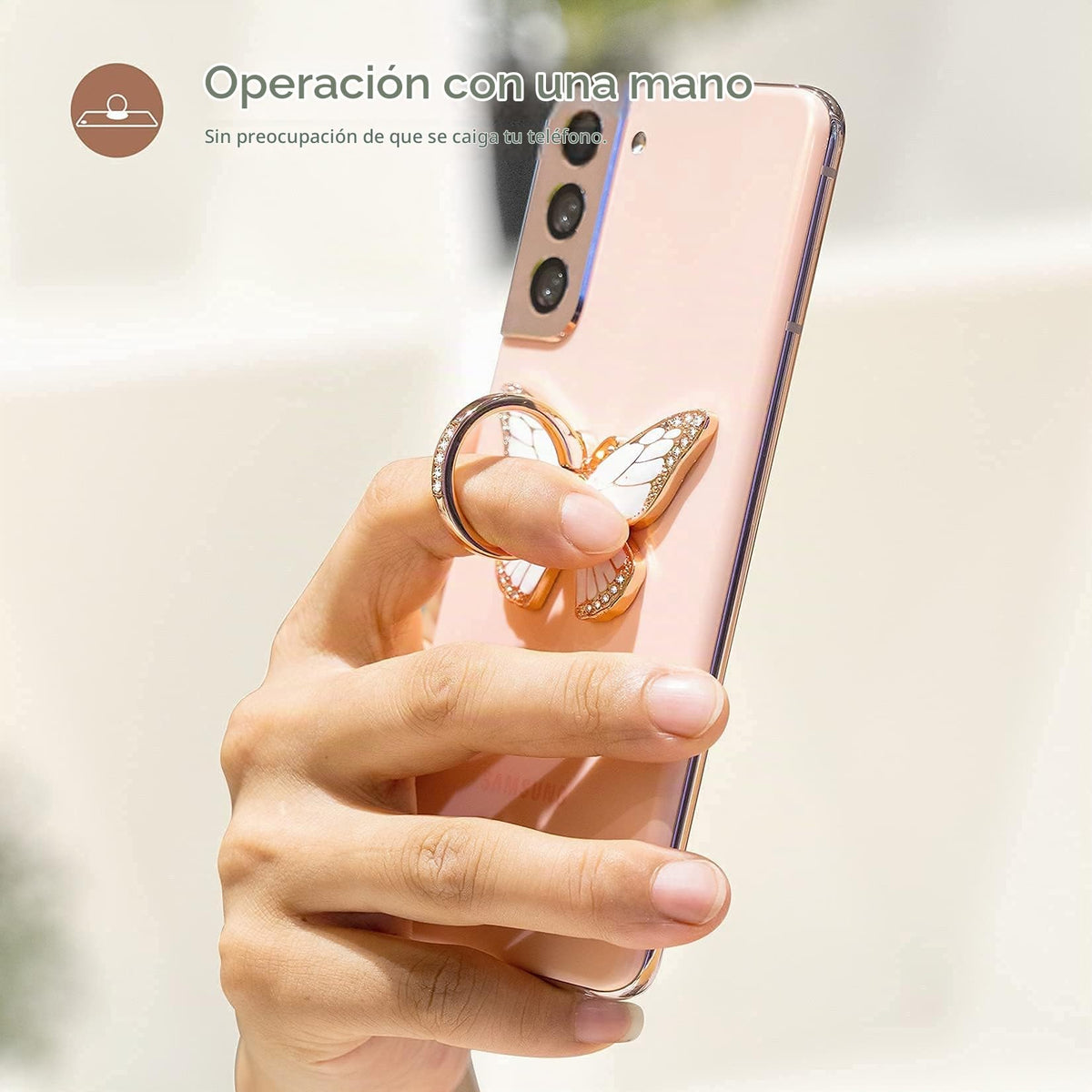 Soporte de Anillo de Cristal Esmaltado con Mariposa Giratoria 360° Para Teléfono Móvil