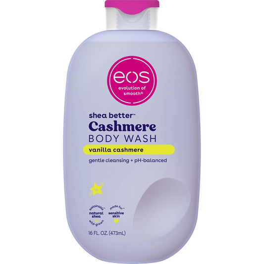 EOS Shea Better Gel de Baño de Vainilla Cachemira, Hidratante y Nutritivo, Fórmula de Gel Cremoso Equilibrado de pH, Libre de Parabenos ni Ftalatos, para Piel Sensible, 16 Onzas Líquidas