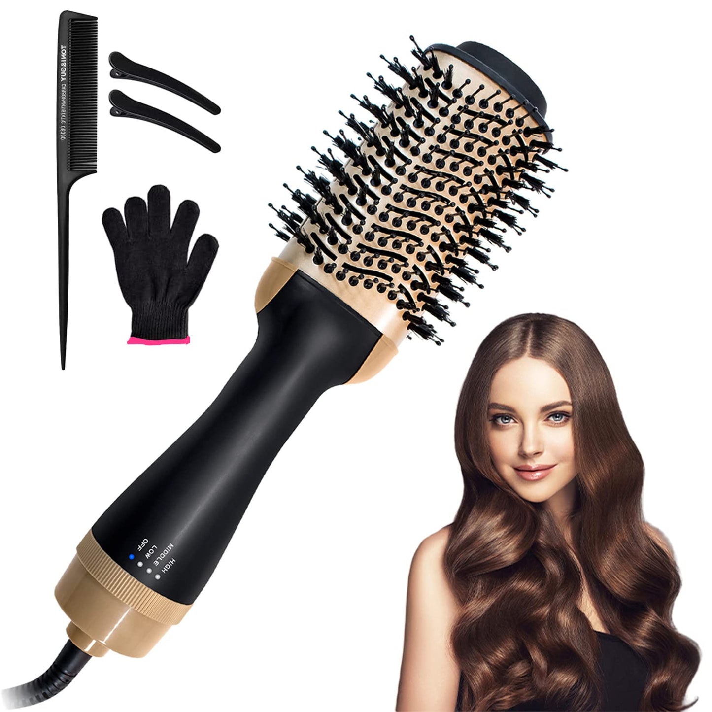 Cepillo Secador de Cabello Multifuncional, 4 en 1 Cepillo de Aire Caliente para Cabello y Voluminizador con Iones Negativos Antiencrespamiento para Secar, Alisar y Rizar | Cañón Cerámico de Titanio (Oro)