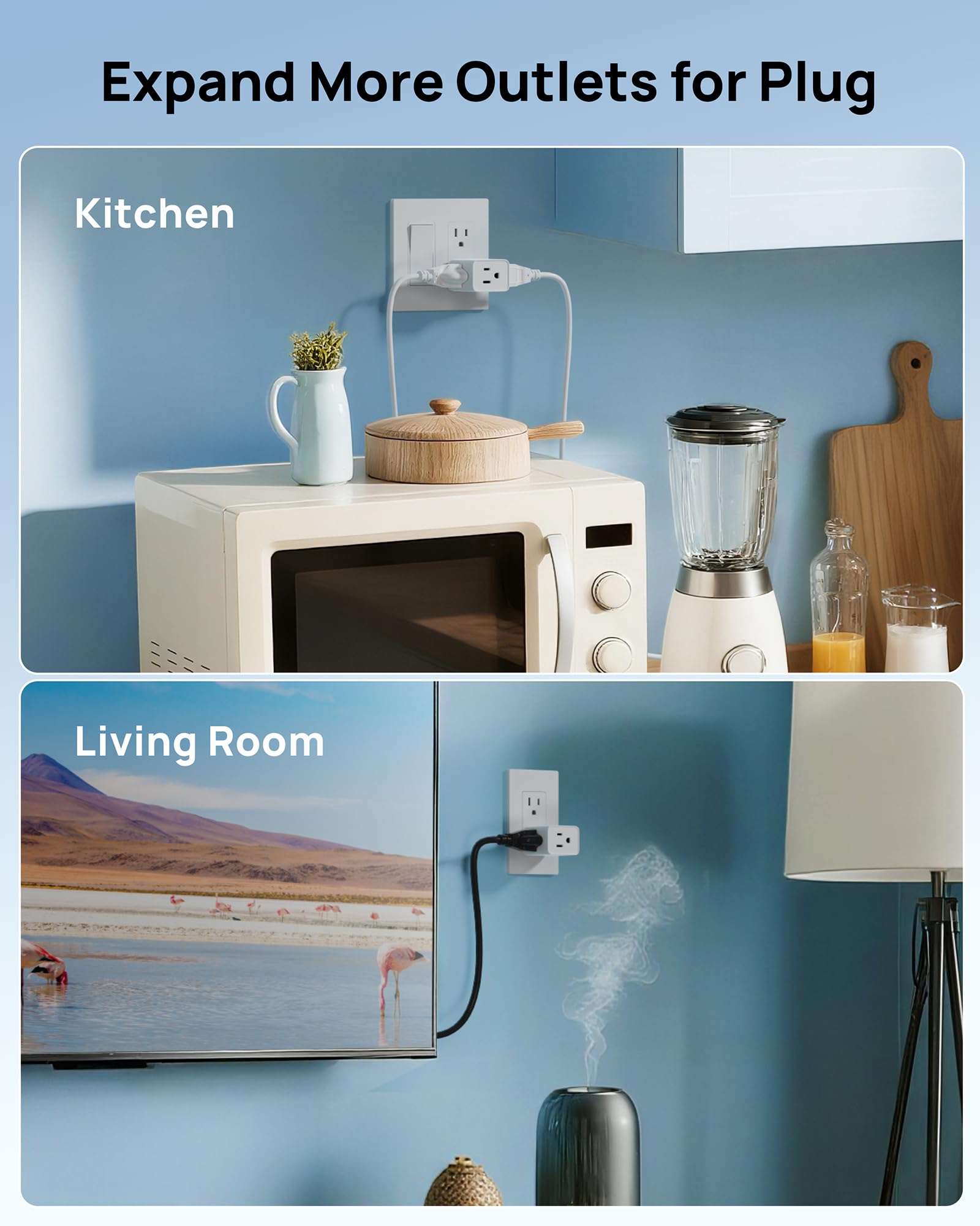 TROND Extensor de enchufe múltiple, Paquete de 2 divisores de toma de pared eléctricos, extensor de enchufe de 3 vías, adaptador de enchufe múltiple para mini enchufe de pared
