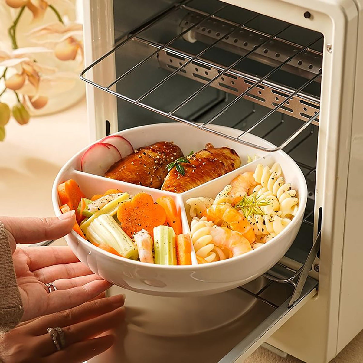 FYUEROPA Plato de cerámica para control de porciones, plato dividido de 20 cm con 3 compartimentos para adultos, niños o para llevar comida rápida. Apto para horno y microondas.