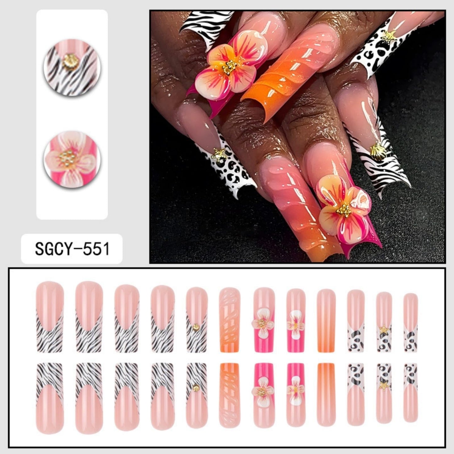 octoswave Uñas postizas cuadradas de presión larga con diseño de flores y leopardo 3D para mujer, 24 unidades
