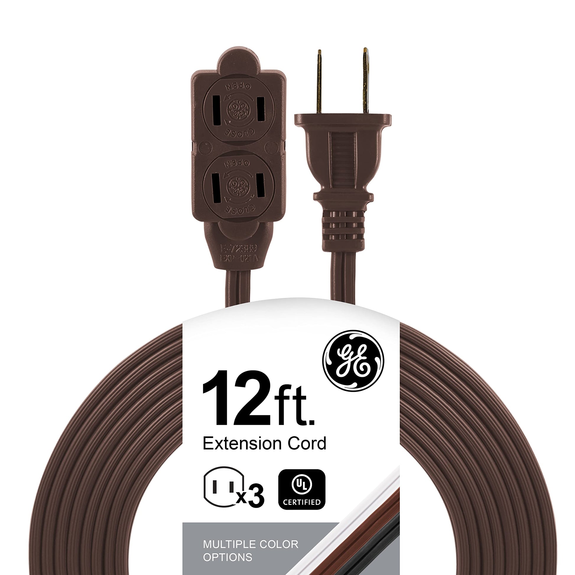 GE Designer - Extensión trenzada, 3 tiras, salidas de 2 dientes, enchufe plano, cable de alimentación sin enredos, perfecto para el hogar, la oficina o la cocina, clasificación UL, 12 ft, Marrón