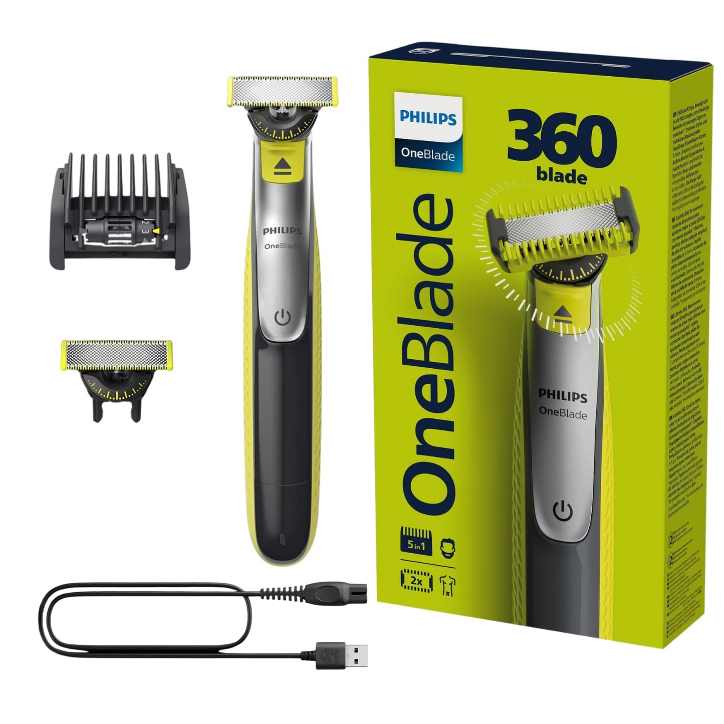 PHILIPS - Afeitadora OneBlade 360 cara, cortadora de barba eléctrica híbrida y afeitadora con 5 en 1 CombQP2730 20 (QP2730/20)