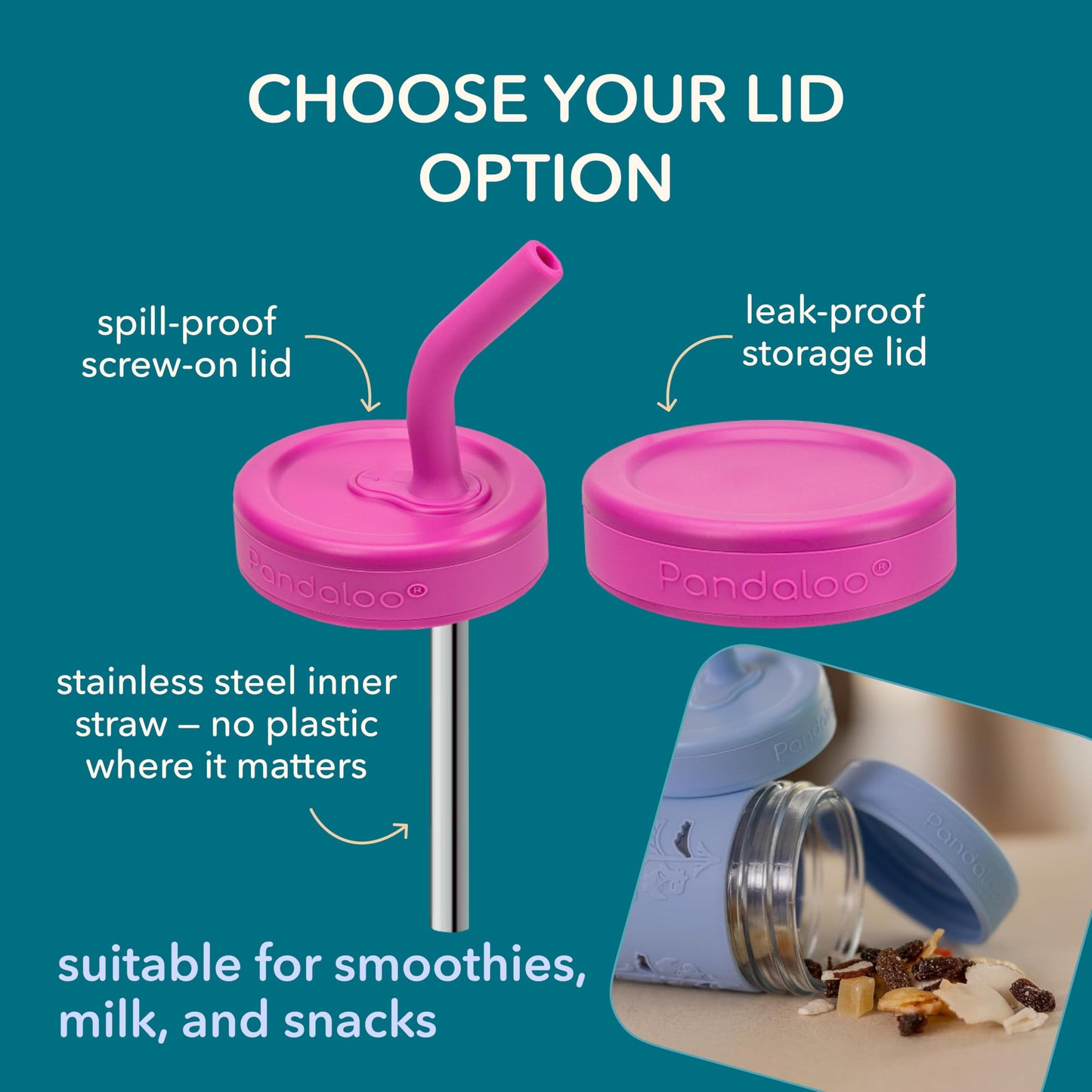 Pandaloo® Vaso de Vidrio Mason Jar - A prueba de Derrames, 8 Onzas, con Popote y Tapa de Silicona, Manga Antideslizante, Tazas de Aperitivos Sin BPA, Perfecto para Batidos con Tapas y Pajitas