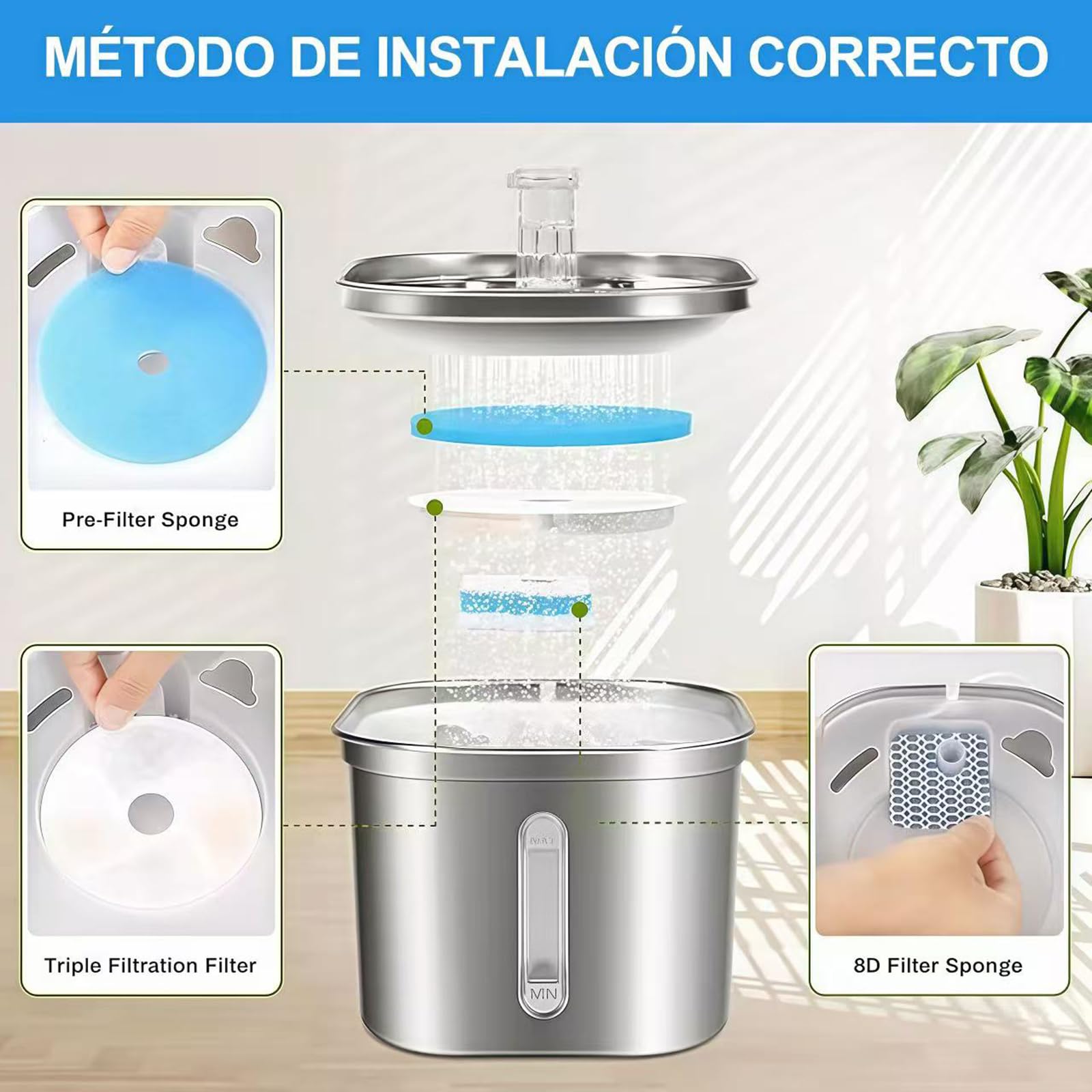 Filtro para bebedero de gatos Tethram 8, filtro para bebedero de triple acción con resina y carbón activado, ayuda a aumentar la ingesta de agua y a mantener a tu mascota hidratada por más tiempo.